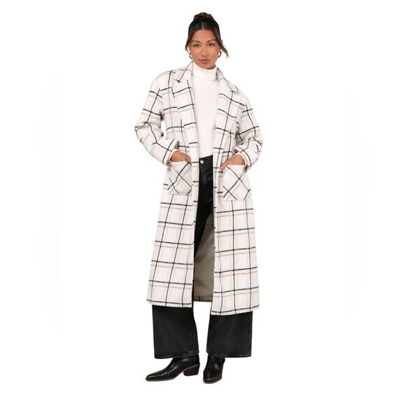 Lulus Warm Front Ivory Plaid Coat Wool Blend Long Trench Womens Size XS - Picture 1 of 15